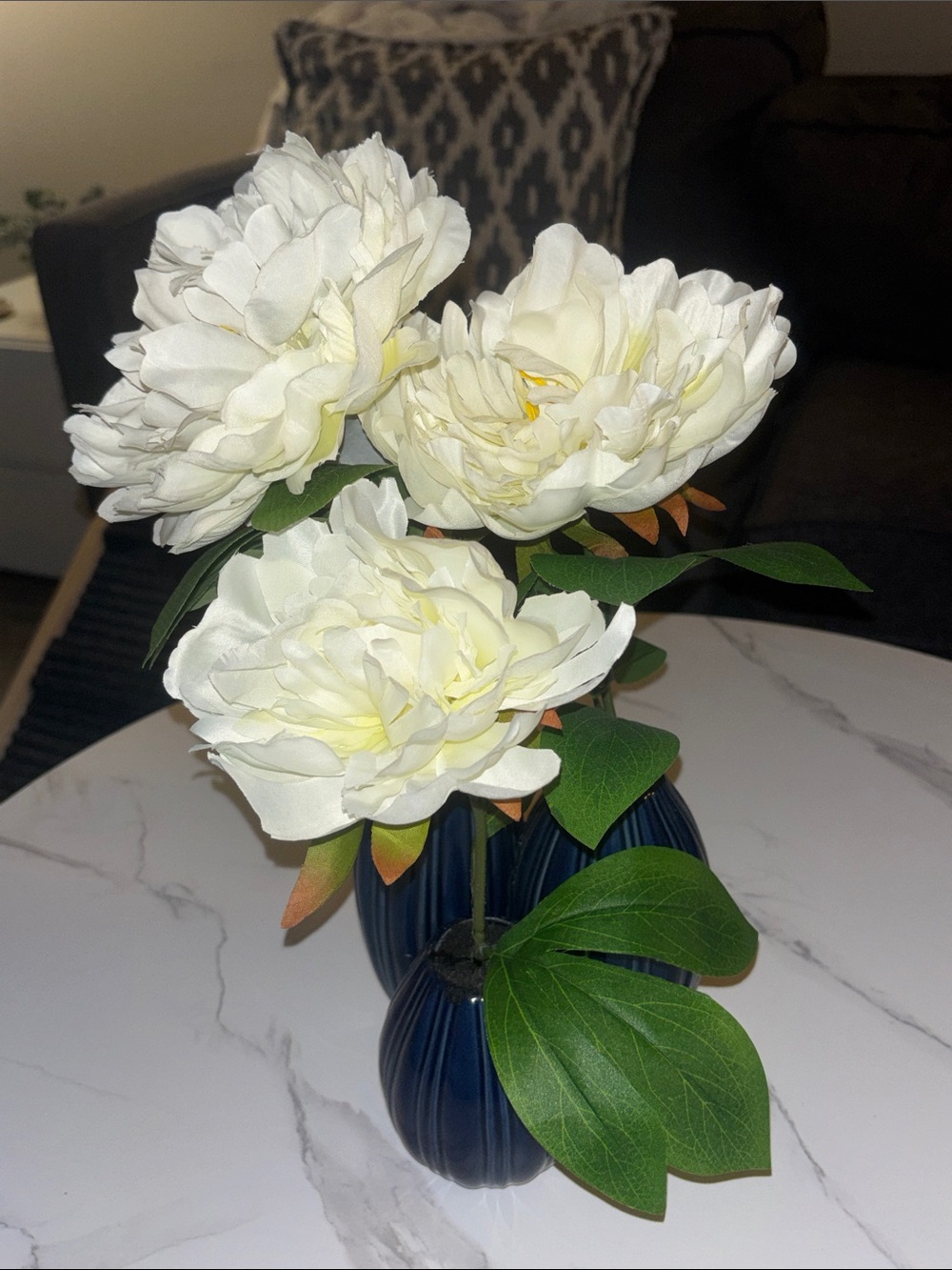 White Peony Artificial Flower Arrangement in Blue Vase